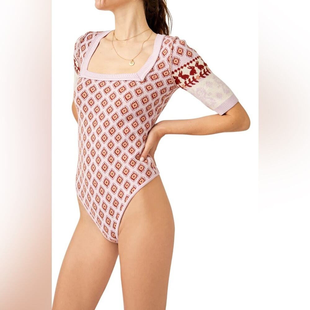NEW Free People Snow Bunny Square Neck Sweater Knit Bodysuit Pink Rose Size M